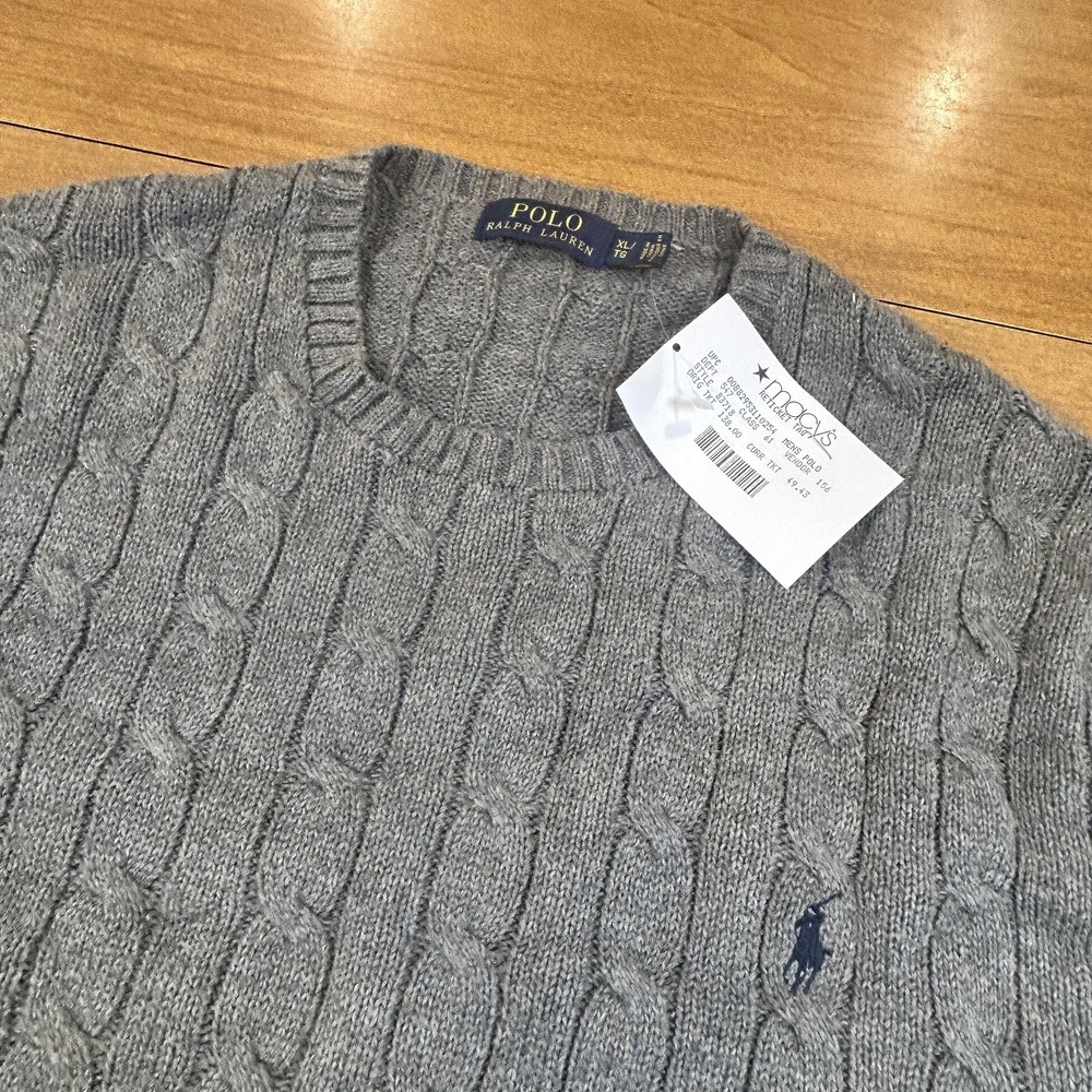 Polo Ralph Lauren Sweater Mens XL Gray Cable Knit Cotton Crewneck Pullover NEW